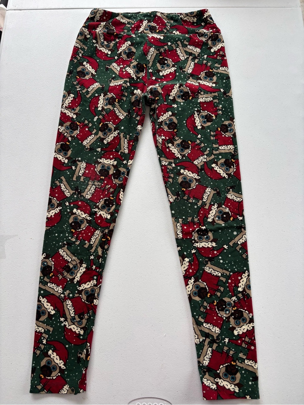 LuLaRoe Green, Red & Cream Pug Santa Leggings